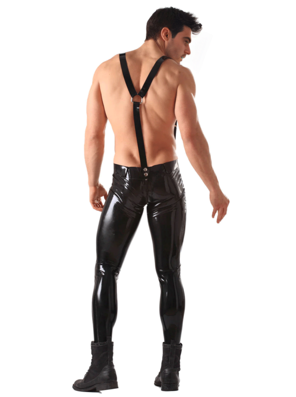 Rear view of black rubber jeans with suspenders and tight fit