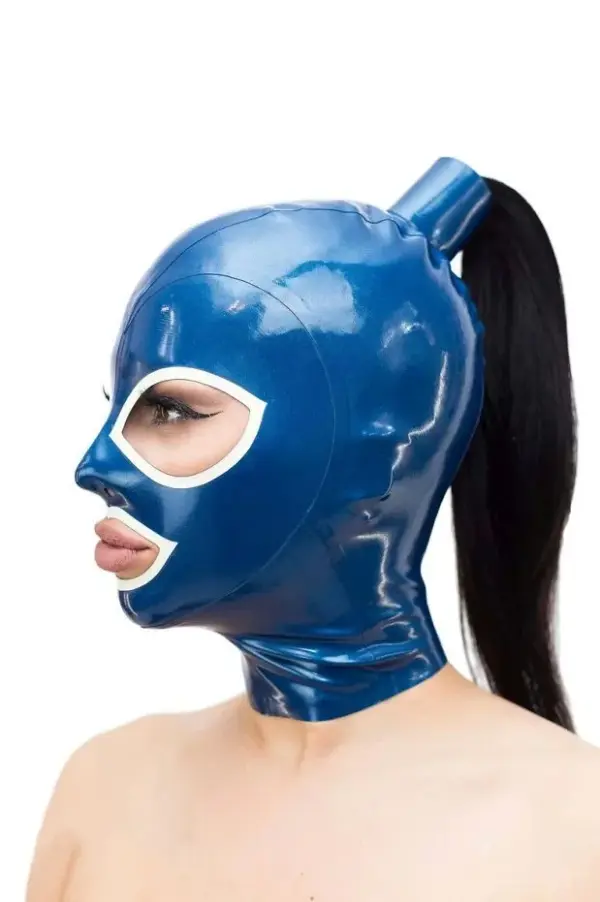 Side view of sporty rubber mask with hair through tube