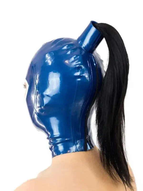 Close up of white eye and mouth trim on blue latex hood