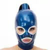 Blue Latex Hood with Ponytail Tube and white contrast trim front view