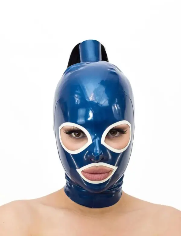 Blue Latex Hood with Ponytail Tube and white contrast trim front view