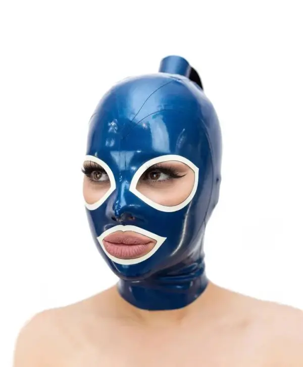 Blue Latex Hood with Ponytail Tube - White Trim