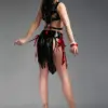 Model wearing cutout rubber tassel skirt showing adjustable side ribbons and flowing fringe panels