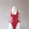 Glossy red latex peplum set 3 piece outfit with frilled belt adjustable top and high waist thong front view