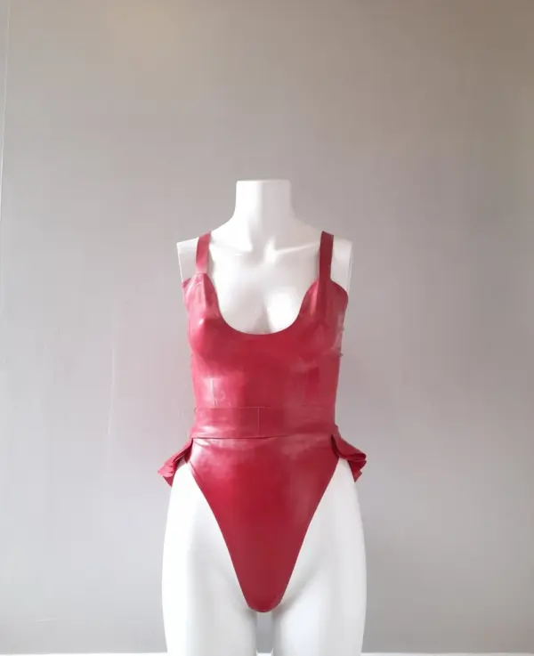 Glossy red latex peplum set 3 piece outfit with frilled belt adjustable top and high waist thong front view