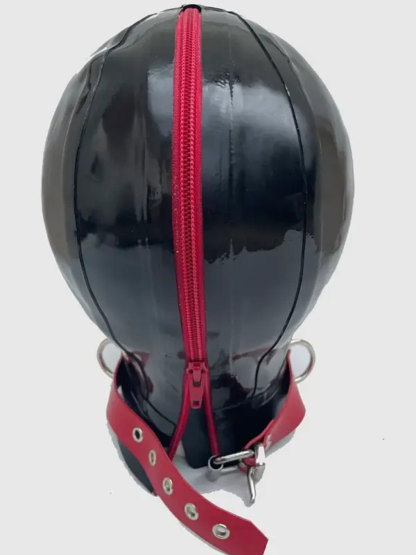 Close up of functional red zipper mouth on black latex hood