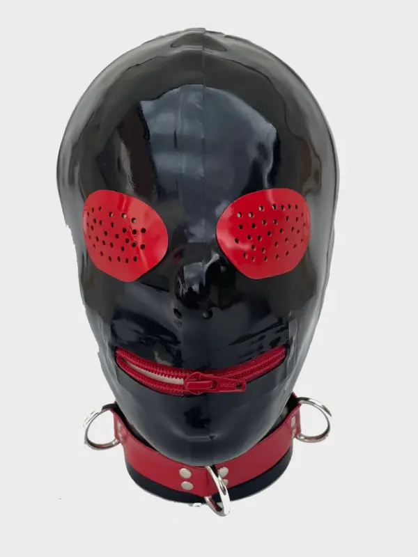 Black Latex Hood with red pinhole eyes and zip mouth front view