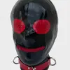 Side view of bondage rubber mask with D-ring collar and red zipper