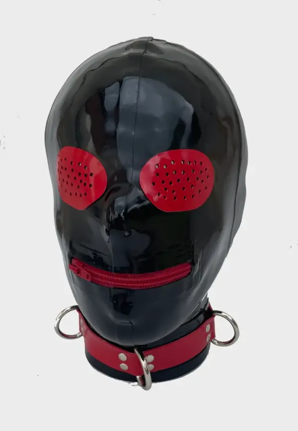 Side view of bondage rubber mask with D-ring collar and red zipper