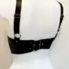 Mannequin wearing heavy duty 1.05mm rubber fetish bra showing buckle closure and adjustable hardware
