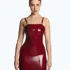 Front view of red latex mini dress with thin shoulder straps