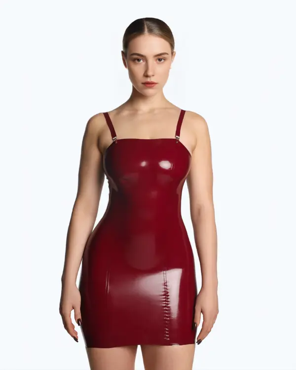 Front view of red latex mini dress with thin shoulder straps