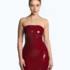 Front view of sexy red latex strapless dress showing bodycon fit