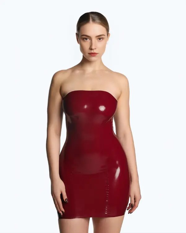 Front view of sexy red latex strapless dress showing bodycon fit