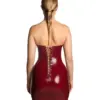 Back view of sexy red latex strapless dress showing lace-up back detail