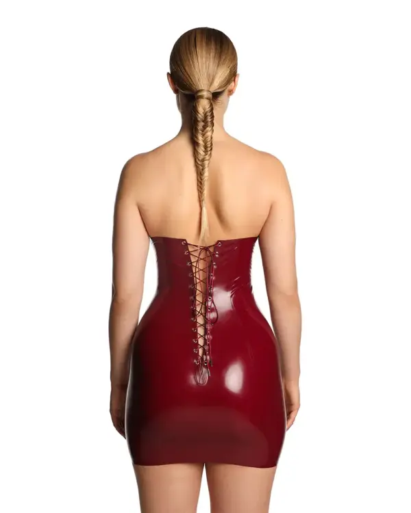 Back view of sexy red latex strapless dress showing lace-up back detail