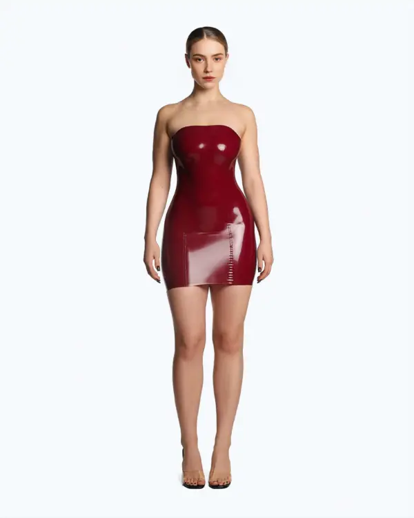 Full body front view of sexy red latex strapless dress showing mini length