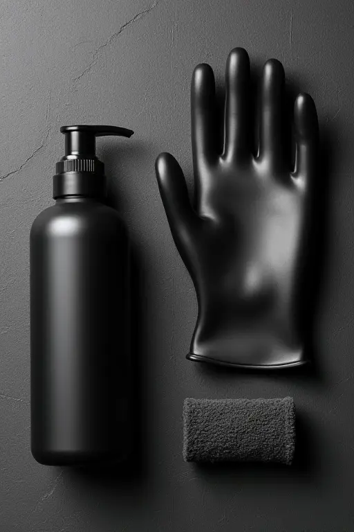 The Expert's Guide to Latex Care: How to Clean, Shine, and Store Your Garments A professional latex care kit, including a bottle of shiner and a polishing cloth, ready for use.