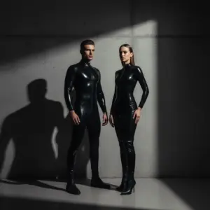 A couple wearing matching black couples latex outfits, demonstrating a powerful and unified style.