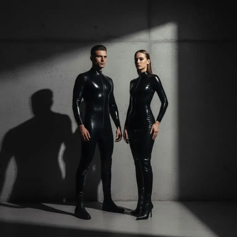 Couples Latex Outfits: 10 Ultimate Styling Ideas for Bold Duos A couple wearing matching black couples latex outfits, demonstrating a powerful and unified style.