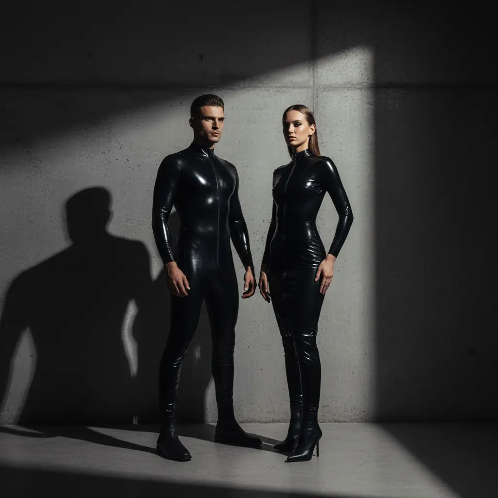 Couples Latex Outfits: 10 Ultimate Styling Ideas for Bold Duos couples latex outfits in matching black catsuit and dress