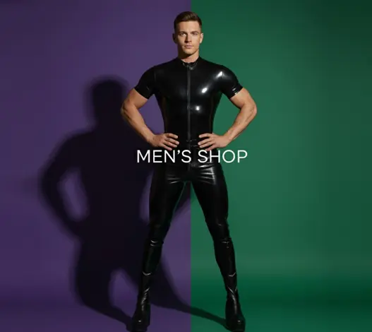 Home man wearing black latex catsuit – latex clothing collection