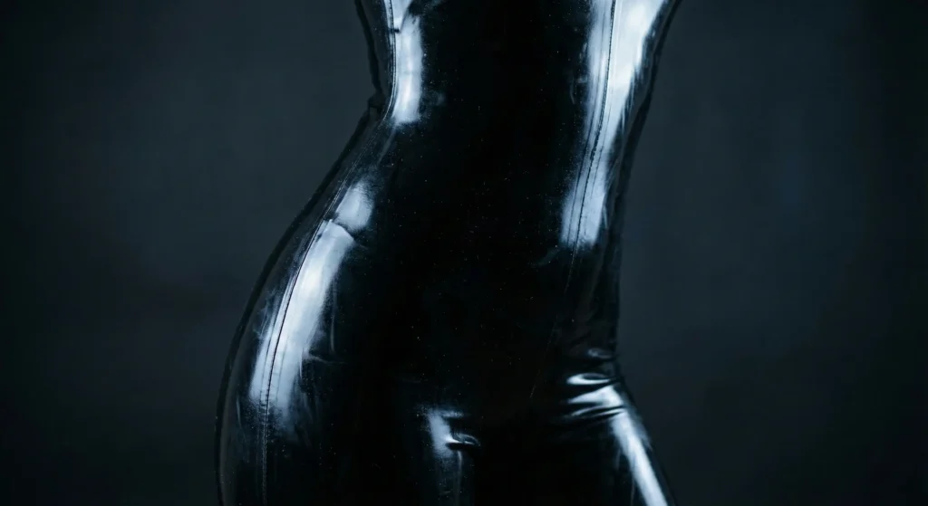 The Art of The Glide: How to Put On Latex Clothing Like a Pro Close-up detail showing **how to put on latex clothing** with a perfect fit and wet look shine