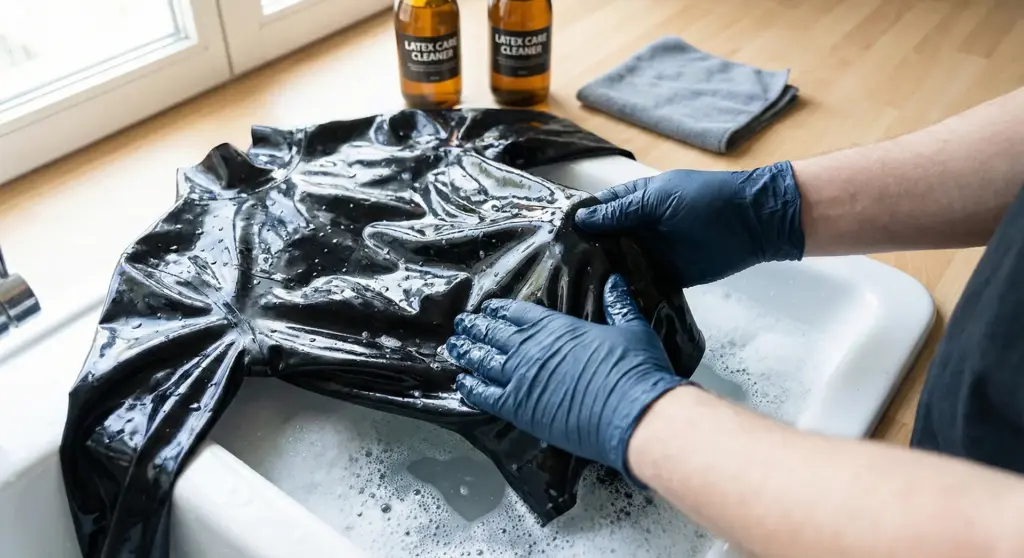 How to wash latex clothing — gloved hands gently washing black latex garment in basin with soap suds by LatexLuxe