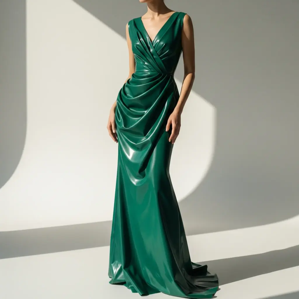 About us Elegant green dress from a premium latex fashion brand。