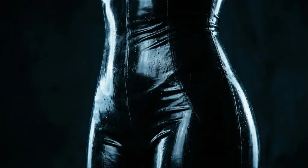 Close up of shiny black latex clothing for the Ultimate Latex Care Guide