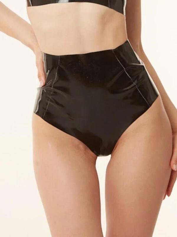 high-waisted-latex-briefs-black-front Front view of high waisted black latex panties