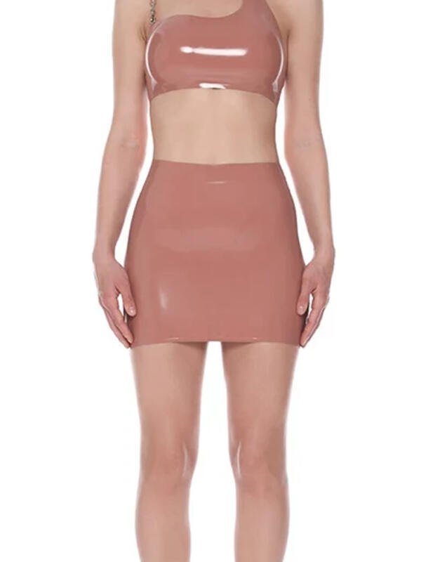 high-waisted-latex-mini-skirt-nude-pink-front High Waisted Latex Mini Skirt in nude pink front view bodycon fit