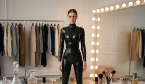 A model wearing a premium high-gloss black latex catsuit from LATEX LUXE in a professional dressing room, showcasing a perfectly sculpted fit and mirror-like shine.