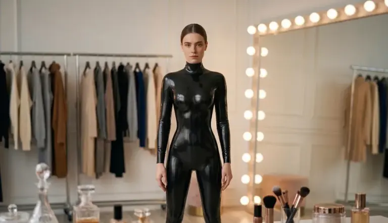 A model wearing a premium high-gloss black latex catsuit from LATEX LUXE in a professional dressing room, showcasing a perfectly sculpted fit and mirror-like shine.